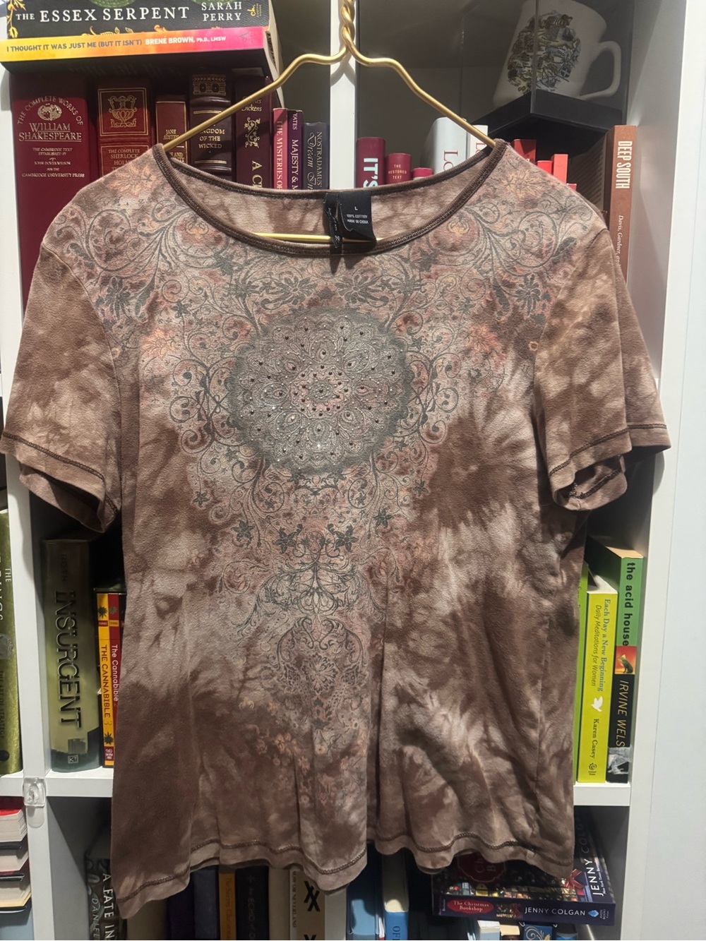 new directions Brown Tie-Dye Short Sleeve Top with Mandala Print
